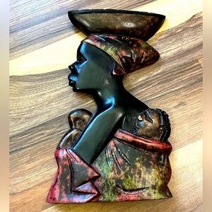 African Tribal Woman Carrying 2 Babies Hand Carved Wood Wall Art Ghana